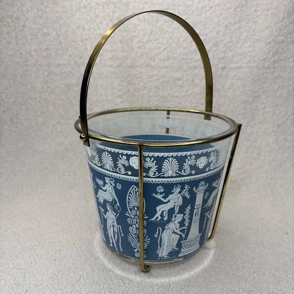 Vintage Jeanette Blue and White Wedgwood-Style Glass Ice Bucket with Brass Frame